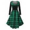 Robe Vintage à Carreaux Imprimée avec Nœud Papillon en Ligne A à Manches Longues - Vert profond XL