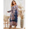 Plus Size Printed Belted Maxi Long Sleeve Dress - DEEP BLUE L