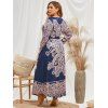 Plus Size Printed Belted Maxi Long Sleeve Dress - DEEP BLUE L