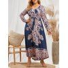 Plus Size Printed Belted Maxi Long Sleeve Dress - DEEP BLUE 1X