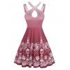 Robe Evasée Gothique Fleurie à Imprimé Squelette avec Trou de Serrure - Rouge Vineux 3XL