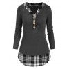 T-shirt Demi-Boutonné à Carreaux Inséré à Volants - Gris Ardoise Foncé 3XL