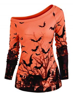 Tree Bat Print One Shoulder Ralgan Sleeve Knitwear