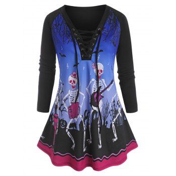 

Plus Size Skeleton Bat Print Lace-up Halloween Long Sleeve Top, Black