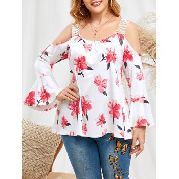 Plus Size Cold Shoulder Bell Sleeve Floral Print T Shirt, White