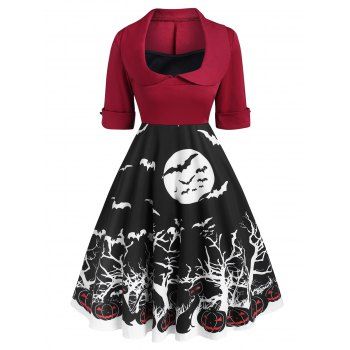 

Halloween Cuffed Pumpkin Bat Print Collared Dress, Red