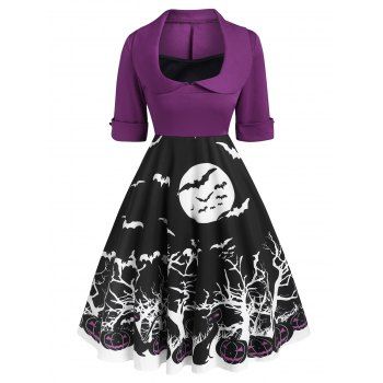 

Halloween Cuffed Pumpkin Bat Print Collared Dress, Dark orchid