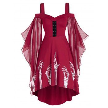 

Skeleton Print Butterfly Sleeve High Low Dress, Red wine