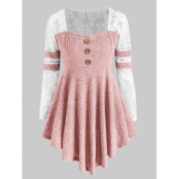 

Lace Panel Heathered Ribbed Button Front Plus Size Top, Light pink