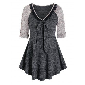

Contrast Space Dye Print Lace Insert Bowknot T-shirt, Dark slate grey
