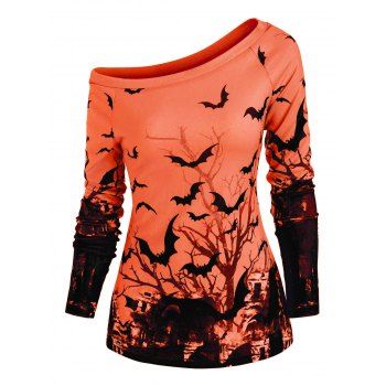 

Tree Bat Print One Shoulder Ralgan Sleeve Knitwear, Orange