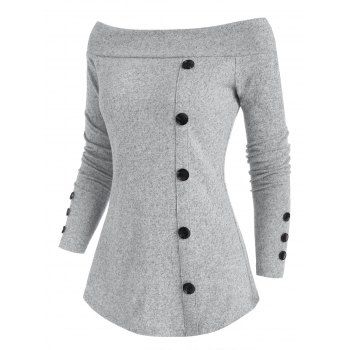 

Off Shoulder Mock Button Heather Knitwear, Light gray