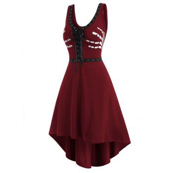 

Grommet Lace-up Halloween Skeleton High Low Tank Dress, Red wine