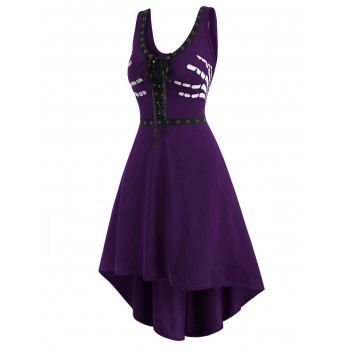 

Grommet Lace-up Halloween Skeleton High Low Tank Dress, Plum velvet