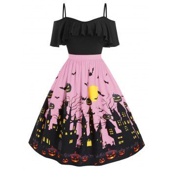 

Plus Size Halloween Castle Pumpkin Bat Open Shoulder Dress, Pink