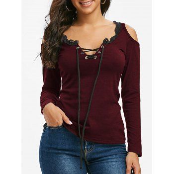 

Lace Insert Cold Shoulder Plain Color Long Sleeves Lace up T Shirt, Red wine