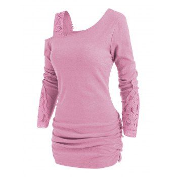 

Skew Neck Lace Insert Blouson Knitwear, Pink