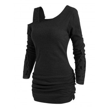 

Skew Neck Lace Insert Blouson Knitwear, Black