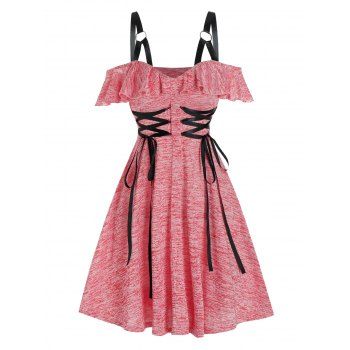

Cold Shoulder Lace-up Harness Insert Heathered Ruffle Mini A Line Dress, Bean red