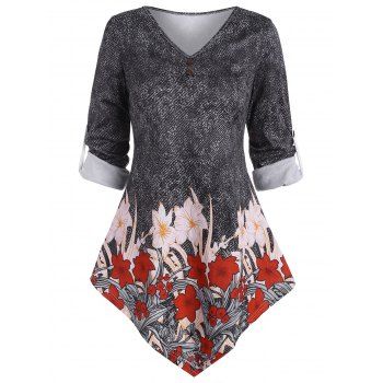 

Rolled Tab Sleeve Uneven Hem Flower Tunic Tee, Gray