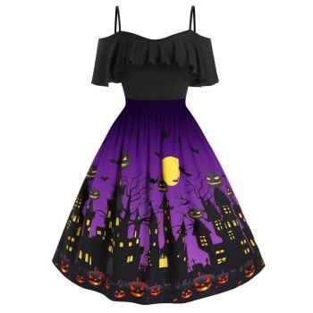 

Plus Size Halloween Castle Pumpkin Bat Open Shoulder Dress, Purple iris