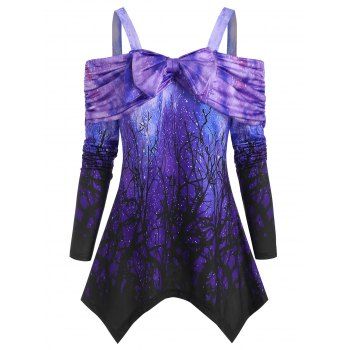 

Cold Shoulder Galaxy Branch Print Bowknot Hanky Hem Tee, Purple