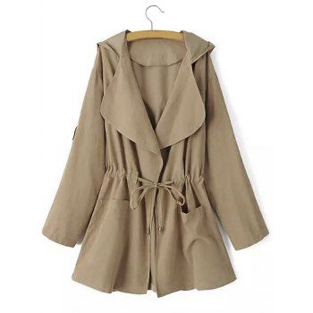 

Hooded Drawstring Pockets Coat, Light coffee
