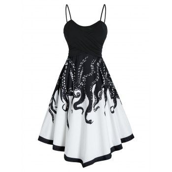 

Contrast Octopus Print Asymmetric Midi Cami Dress, Black