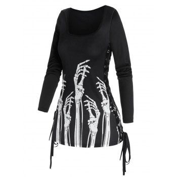 

Gothic Lace Up Skeleton Hands Print T Shirt, Black