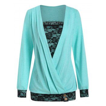 

Contrast Lace Insert Surplice T Shirt, Medium turquoise