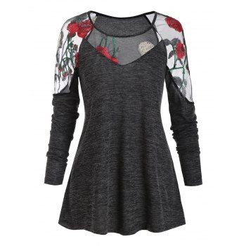 Mesh Panel See Through Flower Embroidery T Shirt