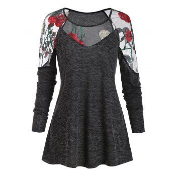 

Mesh Panel See Through Flower Embroidery T Shirt, Dark slate grey