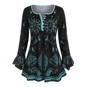 

Pintuck Button Placket Paisley Flower Flare Sleeve T-shirt, Black