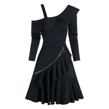 

Plain Open Shoulder O-ring Zip Layered Mini Dress, Black