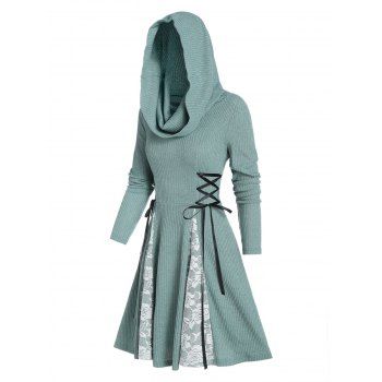 

Hooded Lace-up Lace Panel Ribbed Dress, Cyan opaque