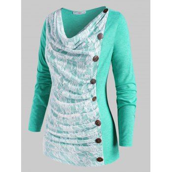 

Cowl Front Lace Panel Buttoned Plus Size Top, Green