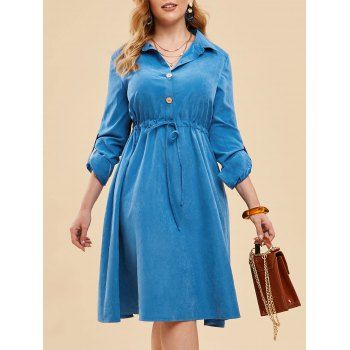 

Plus Size Half Button Drawstring Roll Up Sleeve Dress, Denim blue