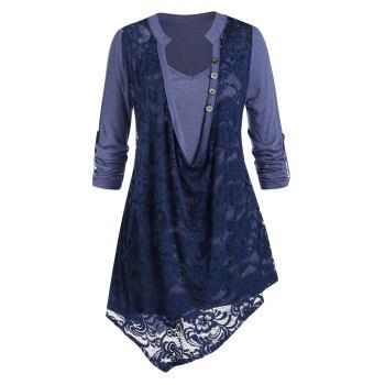 

Plus Size 2 In 1 Floral Lace Irregular Blouse, Dark slate blue