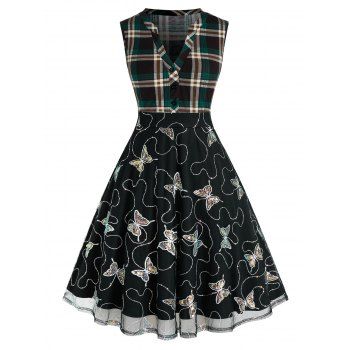 

Plus Size Sequined Butterfly Mesh Plaid A Line Dress, Dark forest green