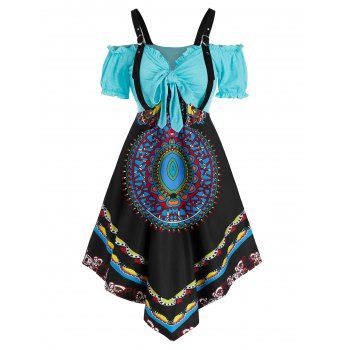 

Printed Tie Front Ruffle Trim Midi Asymmetric Dress, Multicolor a