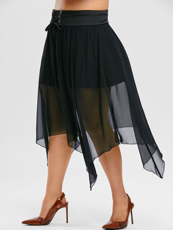 Jupe Mouchoir Superposée Gothique en Maille de Grande Taille à Lacets - Noir L