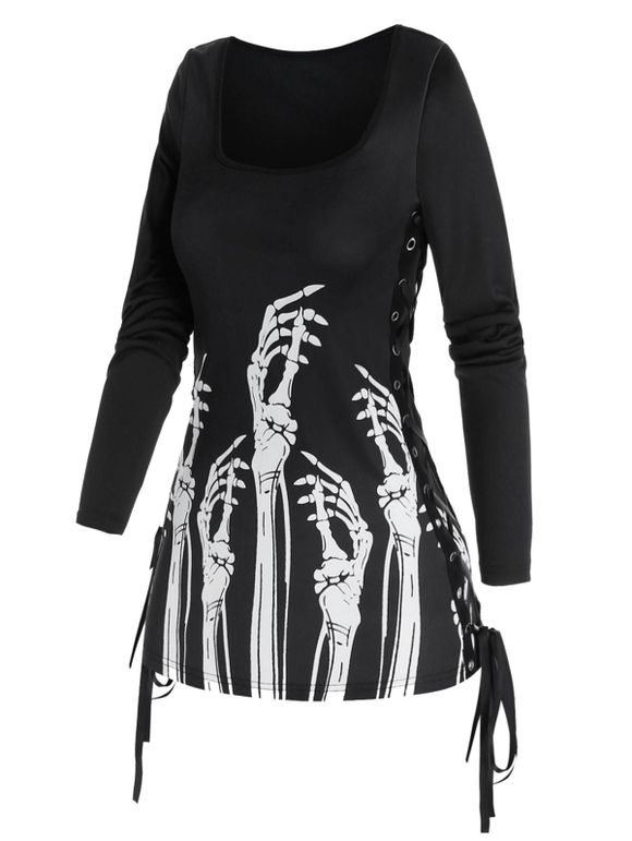 T-shirt Gothique Main à Imprimé Squelette à Lacets - Noir XL