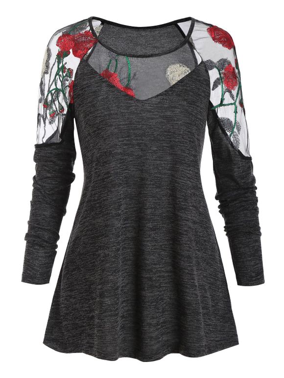 T-shirt Fleur Brodée Panneau en Maille Transparente - Gris Ardoise Foncé XL