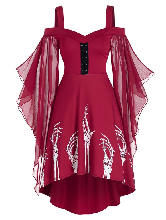 Robe Haute-Basse à Imprimé Squelette à Manches Papillon - Rouge Vineux S