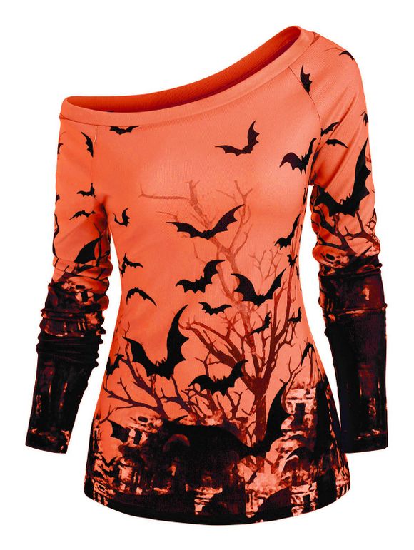 Tree Bat Print One Shoulder Ralgan Sleeve Knitwear - ORANGE S