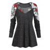 T-shirt Fleur Brodée Panneau en Maille Transparente - Gris Ardoise Foncé 3XL