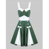 Robe Évasée Courte Boutonnée Bicolore à Noeud Papillon - Vert Mer M