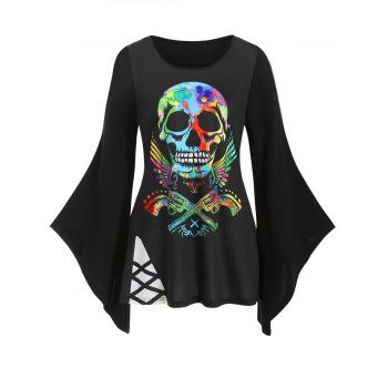 

Plus Size Halloween Skull Gun Print Bell Sleeve T Shirt, Black