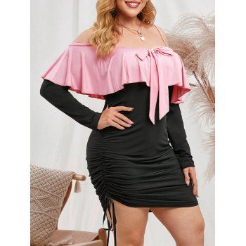 

Plus Size Open Shoulder Ruffled Cinched Dress, Light pink