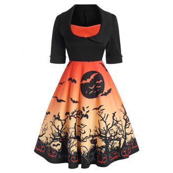 

Halloween Cuffed Pumpkin Bat Print Collared Dress, Halloween orange